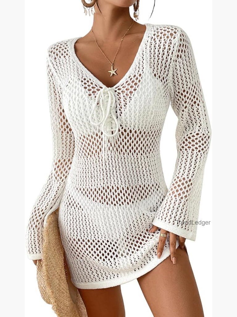 Crochet Coverup Dress V Neck Long Sleeve Beach Knit Bikini Hollow Out